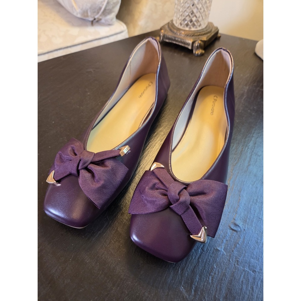 C.Paravano Wms Ballet Flats Square Toe Bow Purple Leather Sz 40.5/9.5 NEW! $128